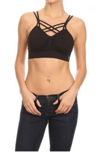 Orange bralette crop top with crossed straps and padded cups